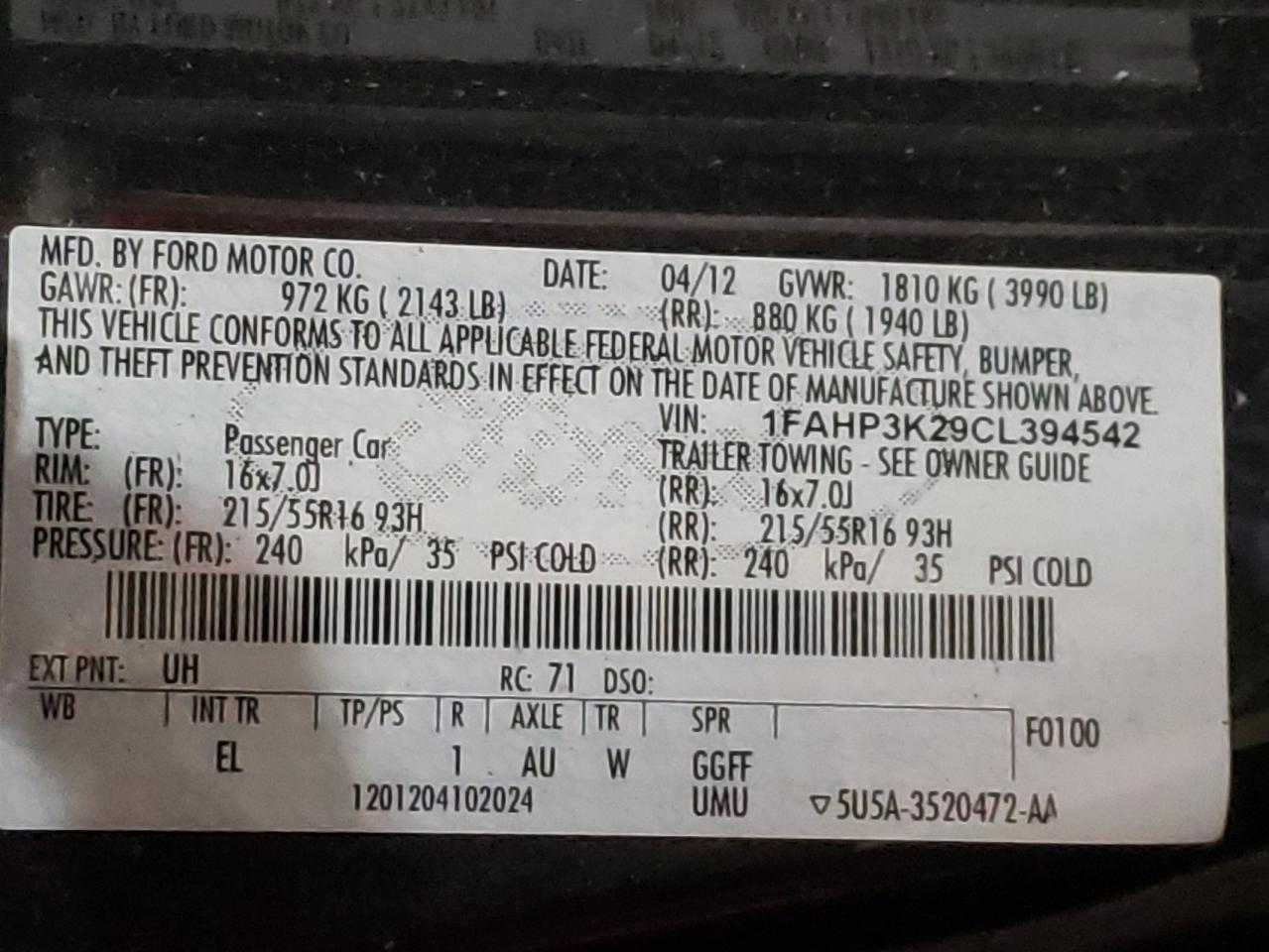 Photo 10 from auction – 2012 FORD FOCUS SE with VIN 1FAHP3K29CL394542