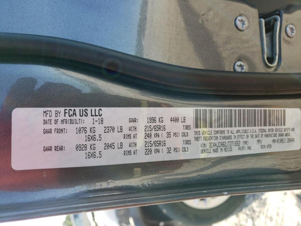 Photo 10 from auction – 2018 JEEP COMPASS SP with VIN 3C4NJCAB2JT271652