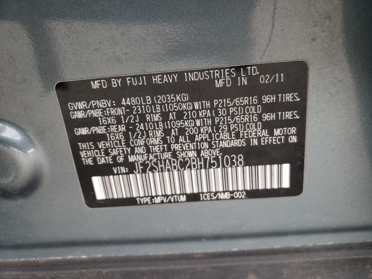 Photo 10 from auction – 2011 SUBARU FORESTER 2 with VIN JF2SHABC2BH751038