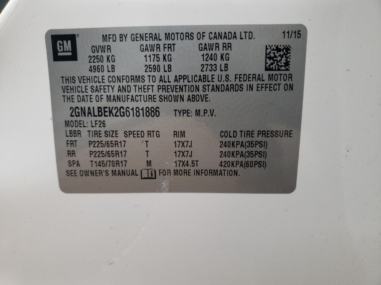 Photo 10 from auction – 2016 CHEVROLET EQUINOX LS with VIN 2GNALBEK2G6181886