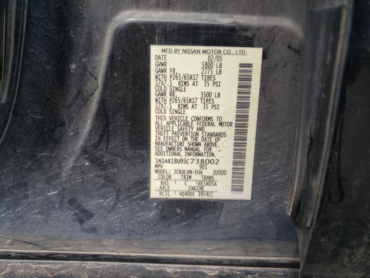 Photo 10 from auction – 2005 NISSAN PATHFINDER with VIN 5N1AR18U95C738002