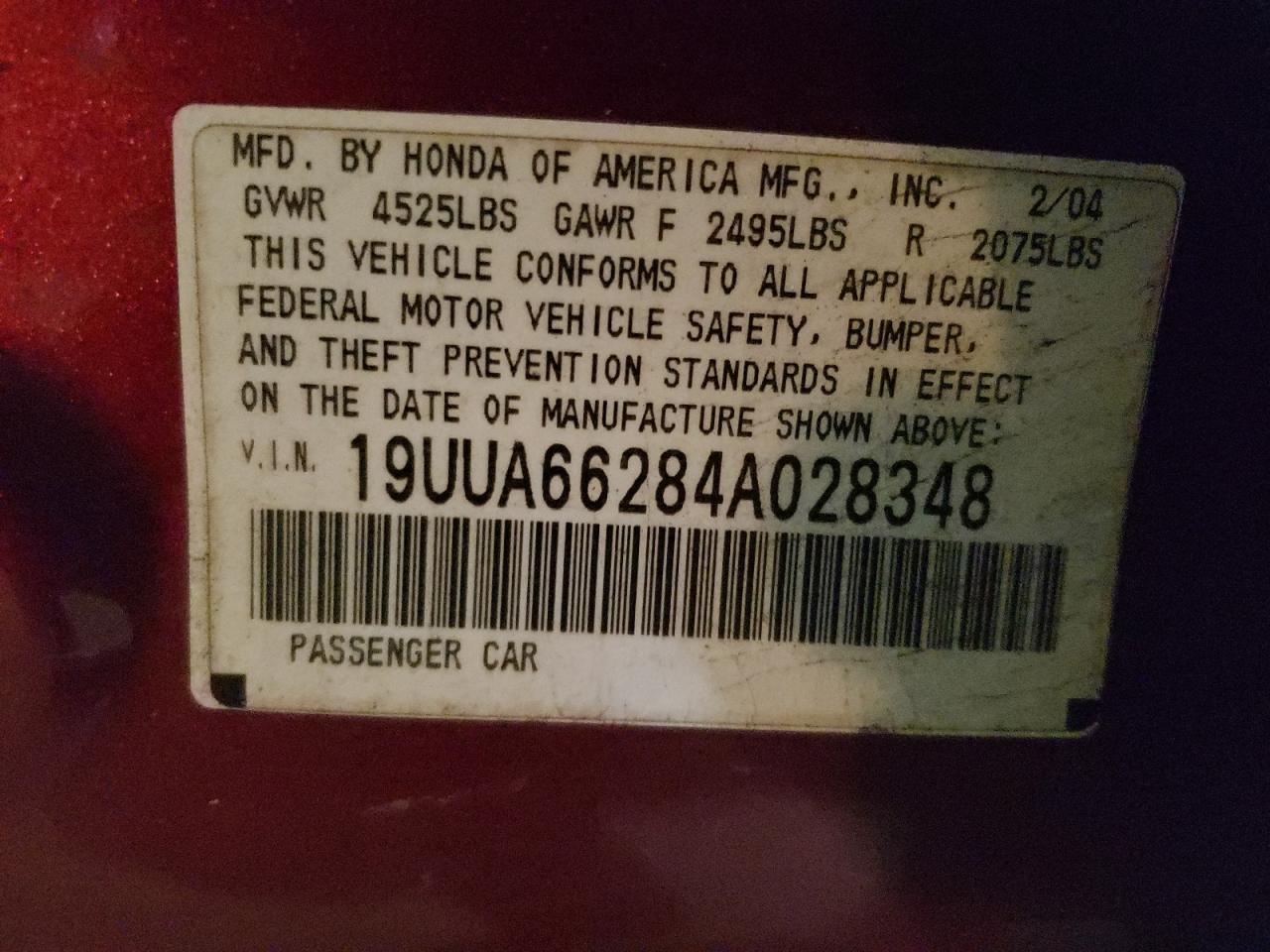 Photo 10 from auction – 2004 ACURA TL with VIN 19UUA66284A028348