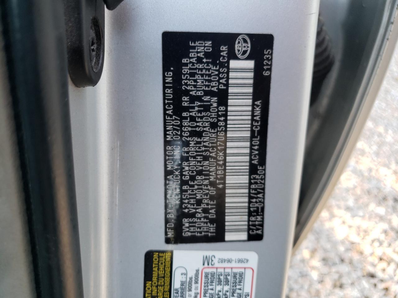 Photo 10 from auction – 2007 TOYOTA CAMRY CE with VIN 4T1BE46K17U658418