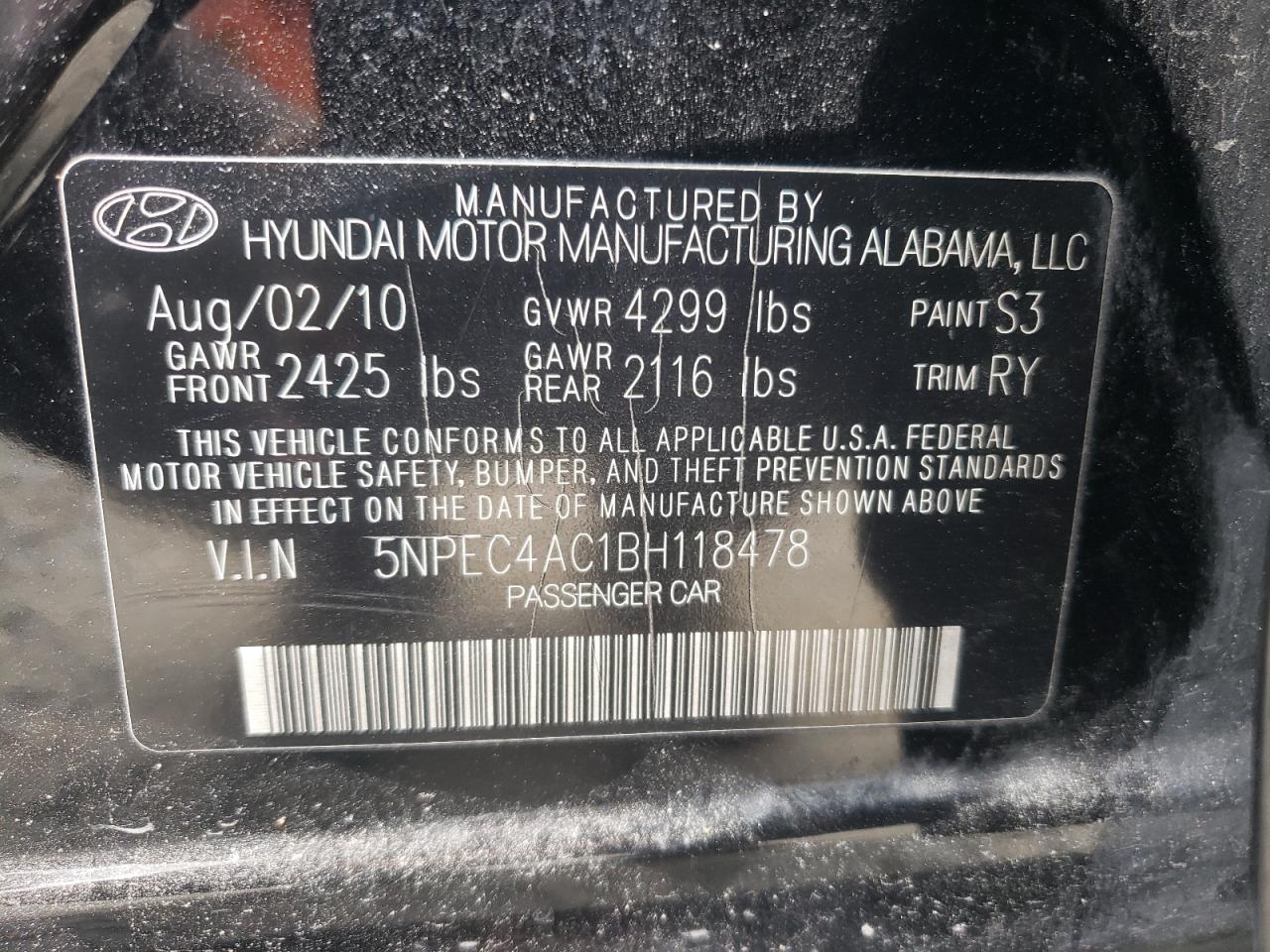 Photo 10 from auction – 2011 HYUNDAI SONATA SE with VIN 5NPEC4AC1BH118478