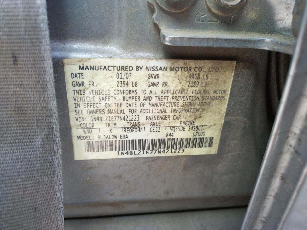 Photo 10 from auction – 2007 NISSAN ALTIMA 3.5 with VIN 1N4BL21E77N421223