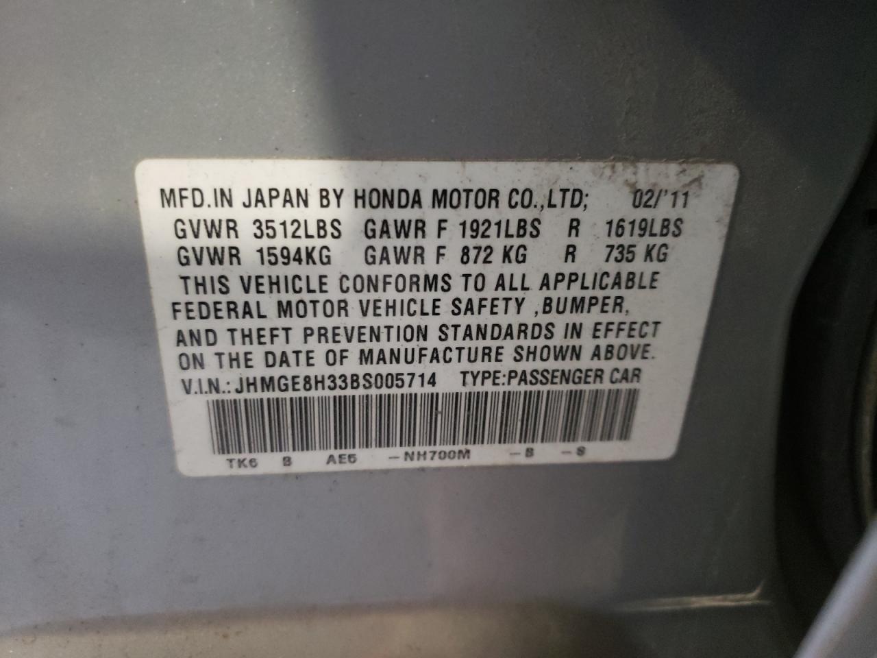 Photo 10 from auction – 2011 HONDA FIT with VIN JHMGE8H33BS005714