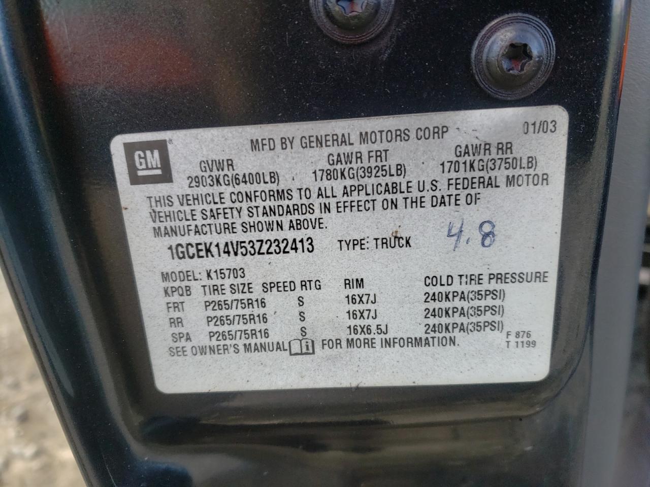 Photo 10 from auction – 2003 CHEVROLET SILVERADO with VIN 1GCEK14V53Z232413