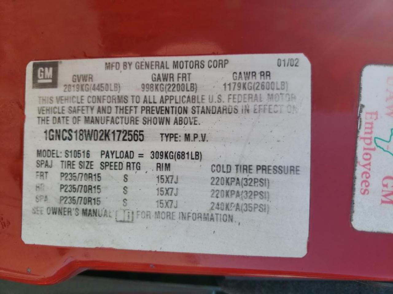 Фото 10 с аукциона – 2002 CHEVROLET BLAZER с VIN 1GNCS18W02K172565