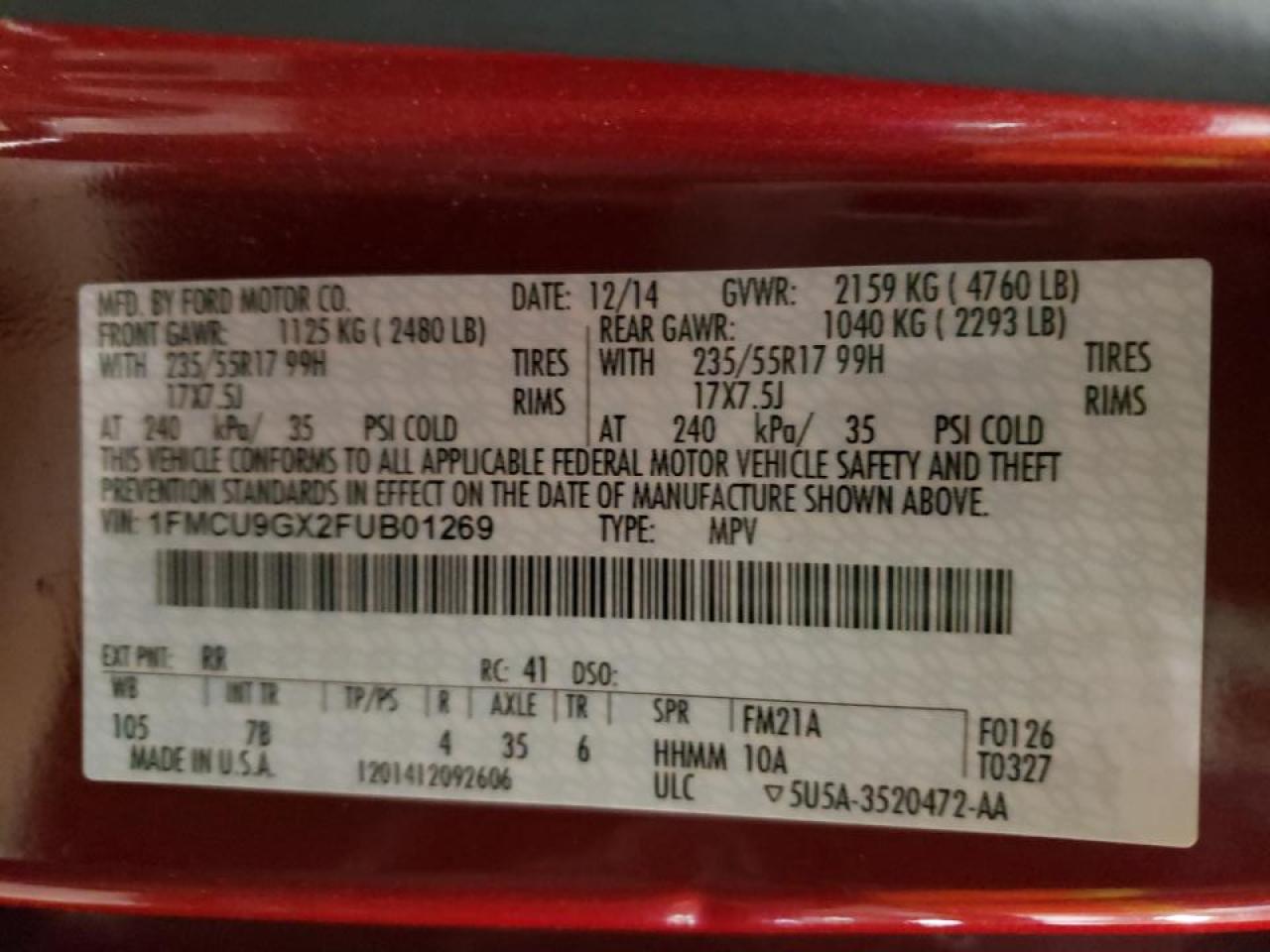 Photo 10 from auction – 2015 FORD ESCAPE SE with VIN 1FMCU9GX2FUB01269
