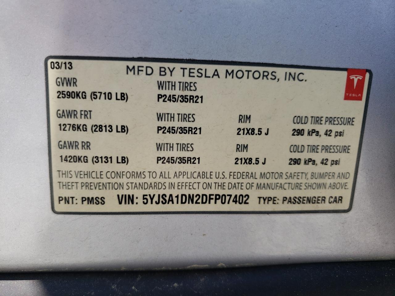 Photo 10 from auction – 2013 TESLA MODEL S with VIN 5YJSA1DN2DFP07402