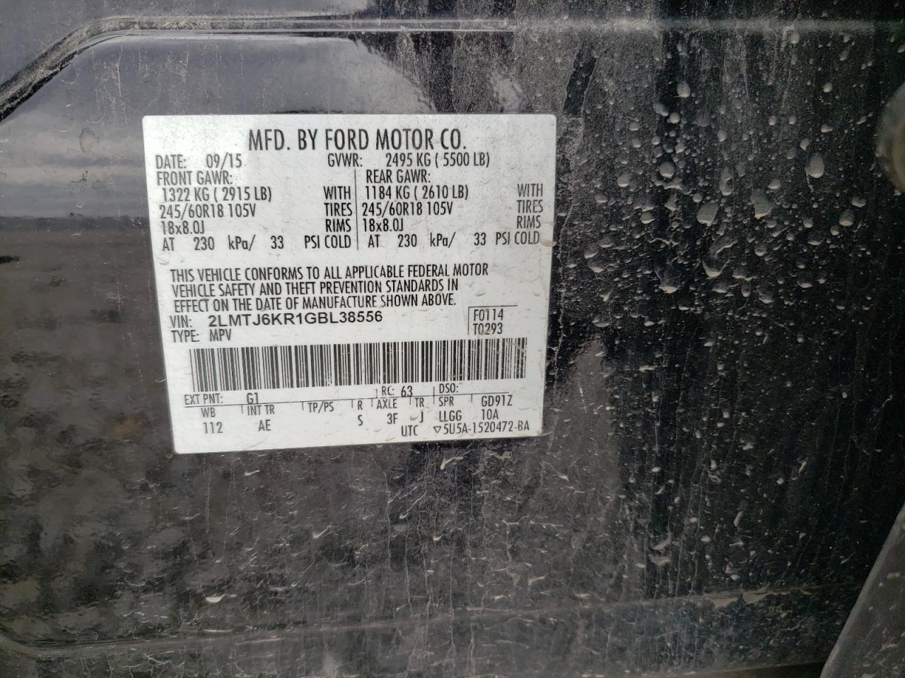 Photo 10 from auction – 2016 LINCOLN MKX SELECT with VIN 2LMTJ6KR1GBL38556