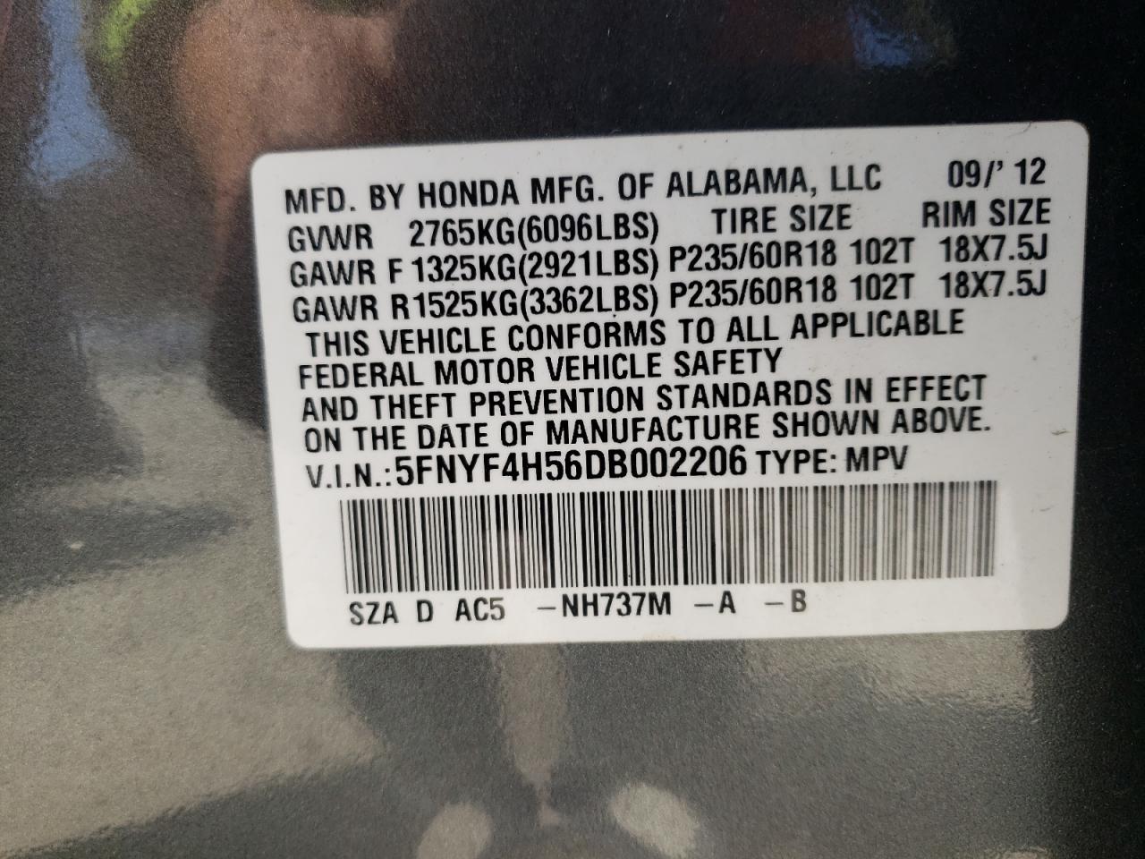Photo 10 from auction – 2013 HONDA PILOT EXL with VIN 5FNYF4H56DB002206