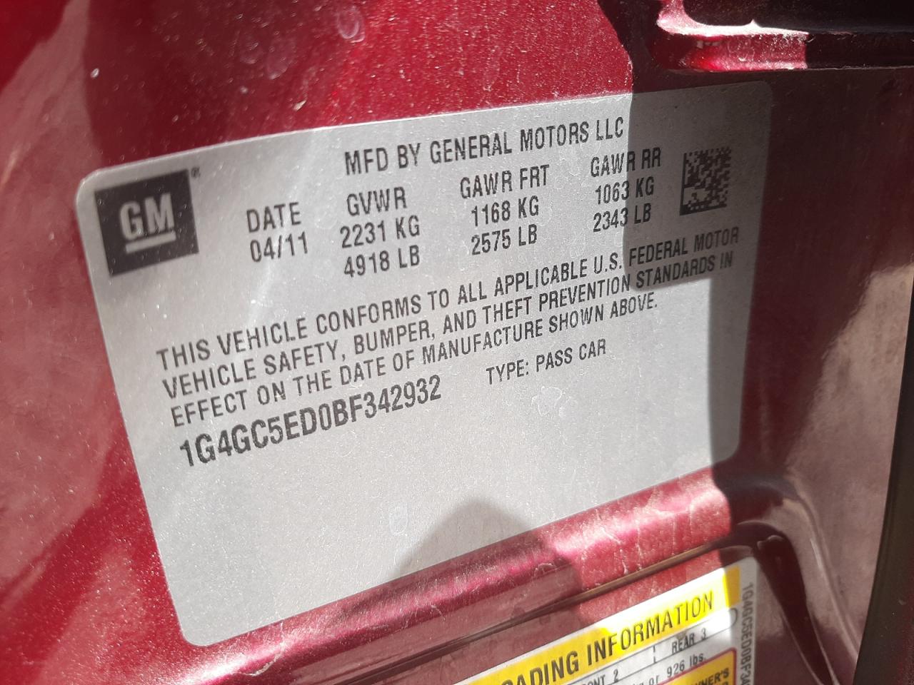 Photo 10 from auction – 2011 BUICK LACROSSE C with VIN 1G4GC5ED0BF342932