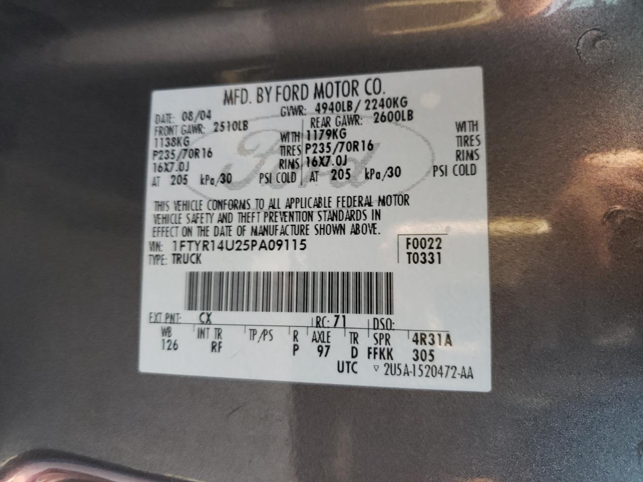 Photo 10 from auction – 2005 FORD RANGER SUP with VIN 1FTYR14U25PA09115