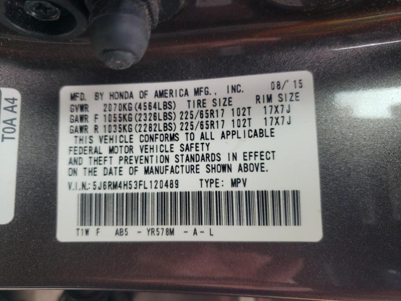 Photo 10 from auction – 2015 HONDA CR-V EX with VIN 5J6RM4H53FL120489