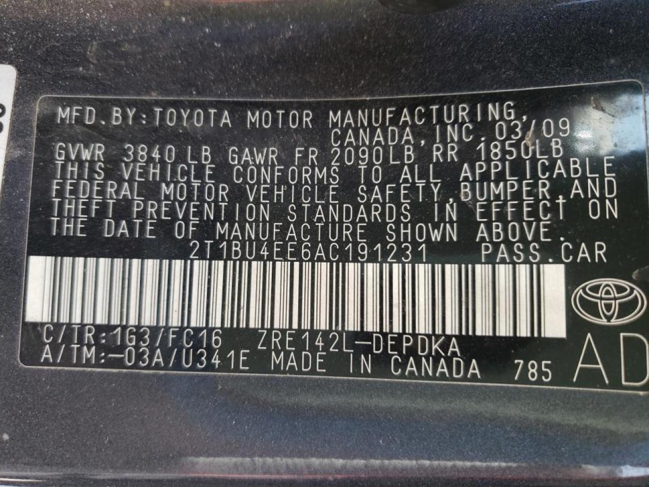 Photo 10 from auction – 2010 TOYOTA COROLLA BA with VIN 2T1BU4EE6AC191231