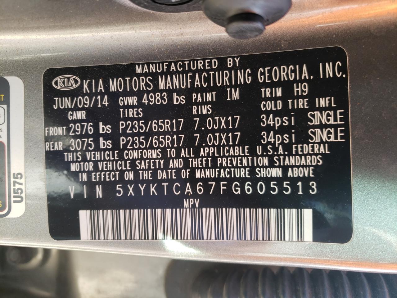 Photo 10 from auction – 2015 KIA SORENTO LX with VIN 5XYKTCA67FG605513