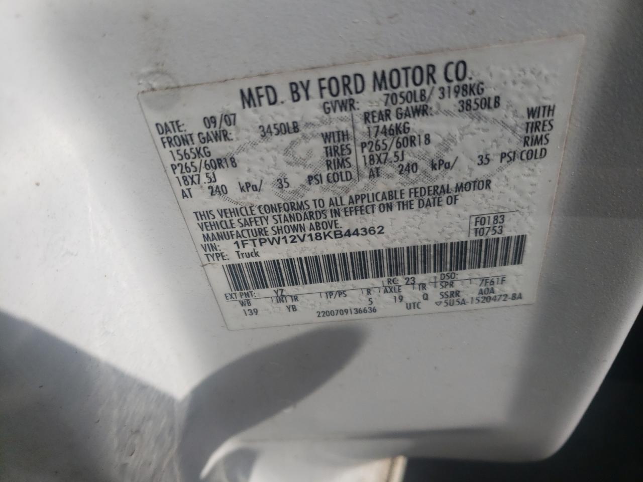 Photo 10 from auction – 2008 FORD F150 SUPER with VIN 1FTPW12V18KB44362