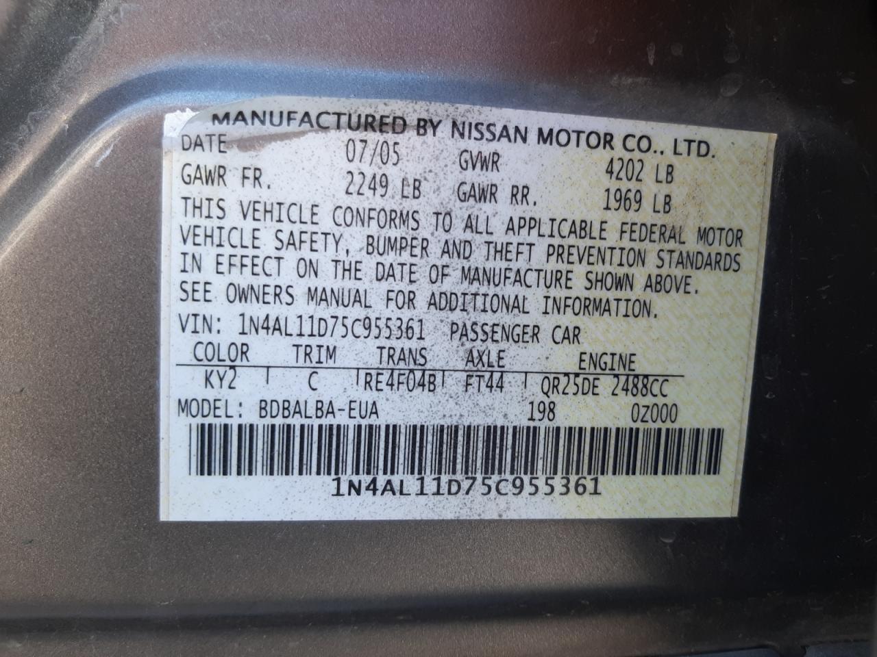 Photo 10 from auction – 2005 NISSAN ALTIMA S with VIN 1N4AL11D75C955361