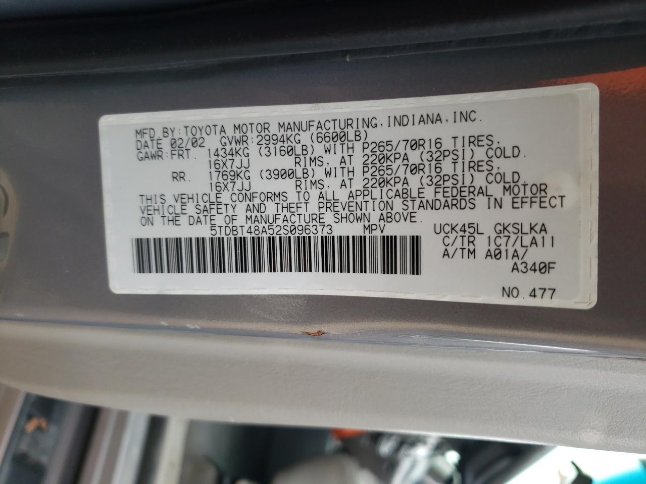Photo 10 from auction – 2002 TOYOTA SEQUOIA LI with VIN 5TDBT48A52S096373