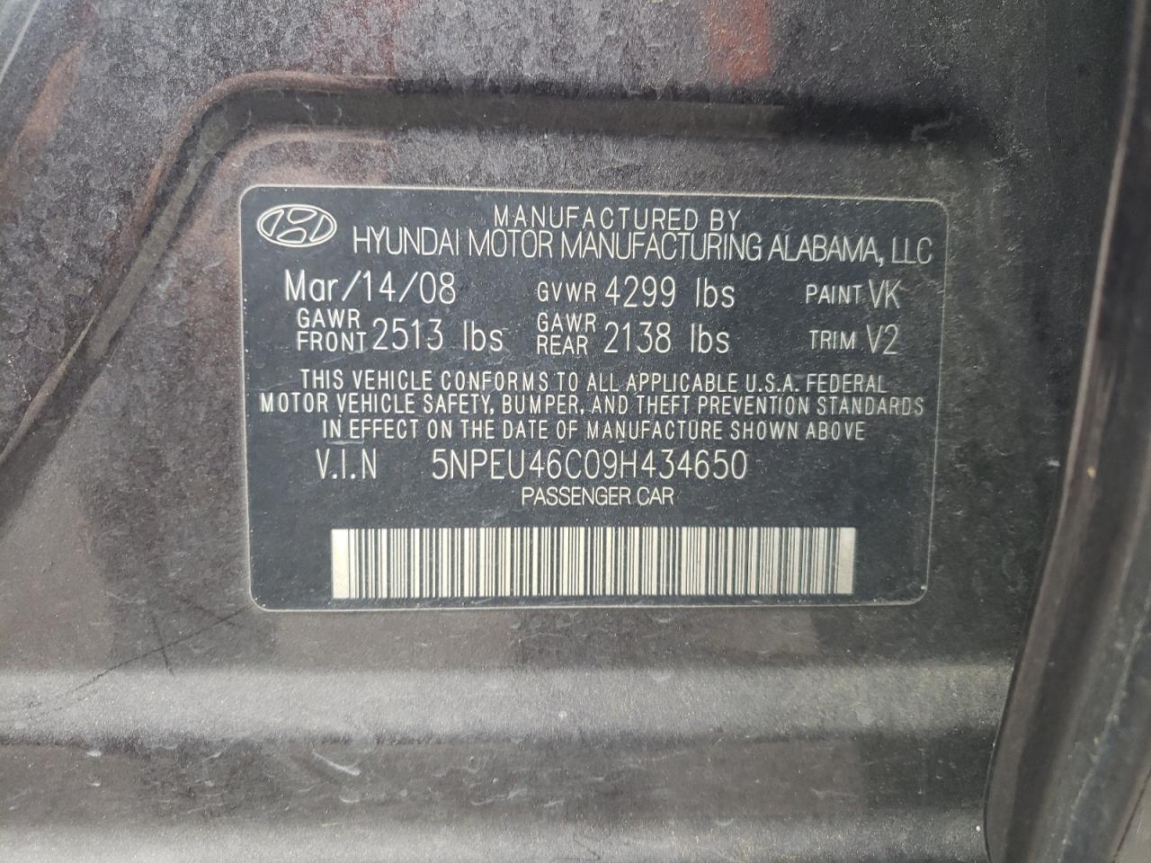 Photo 10 from auction – 2009 HYUNDAI SONATA SE with VIN 5NPEU46C09H434650