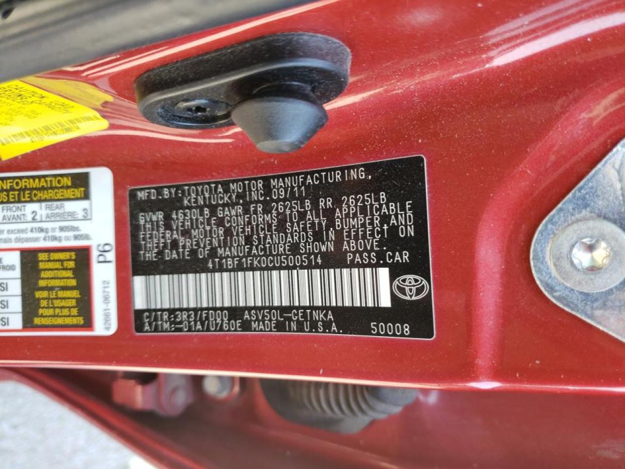 Photo 10 from auction – 2012 TOYOTA CAMRY BASE with VIN 4T1BF1FK0CU500514