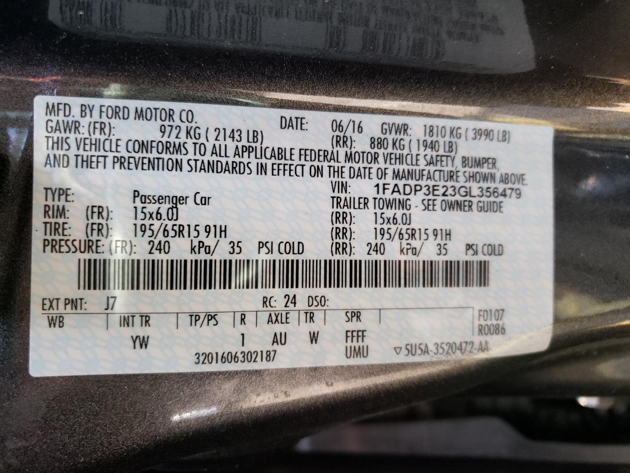 Photo 10 from auction – 2016 FORD FOCUS S with VIN 1FADP3E23GL356479