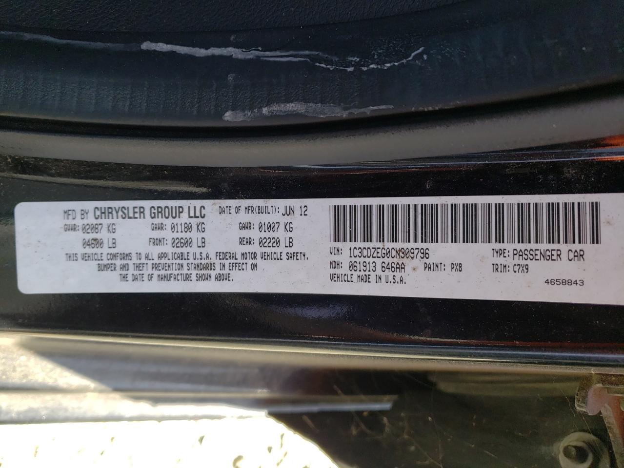 Photo 10 from auction – 2012 DODGE AVENGER SX with VIN 1C3CDZEG0CN309796