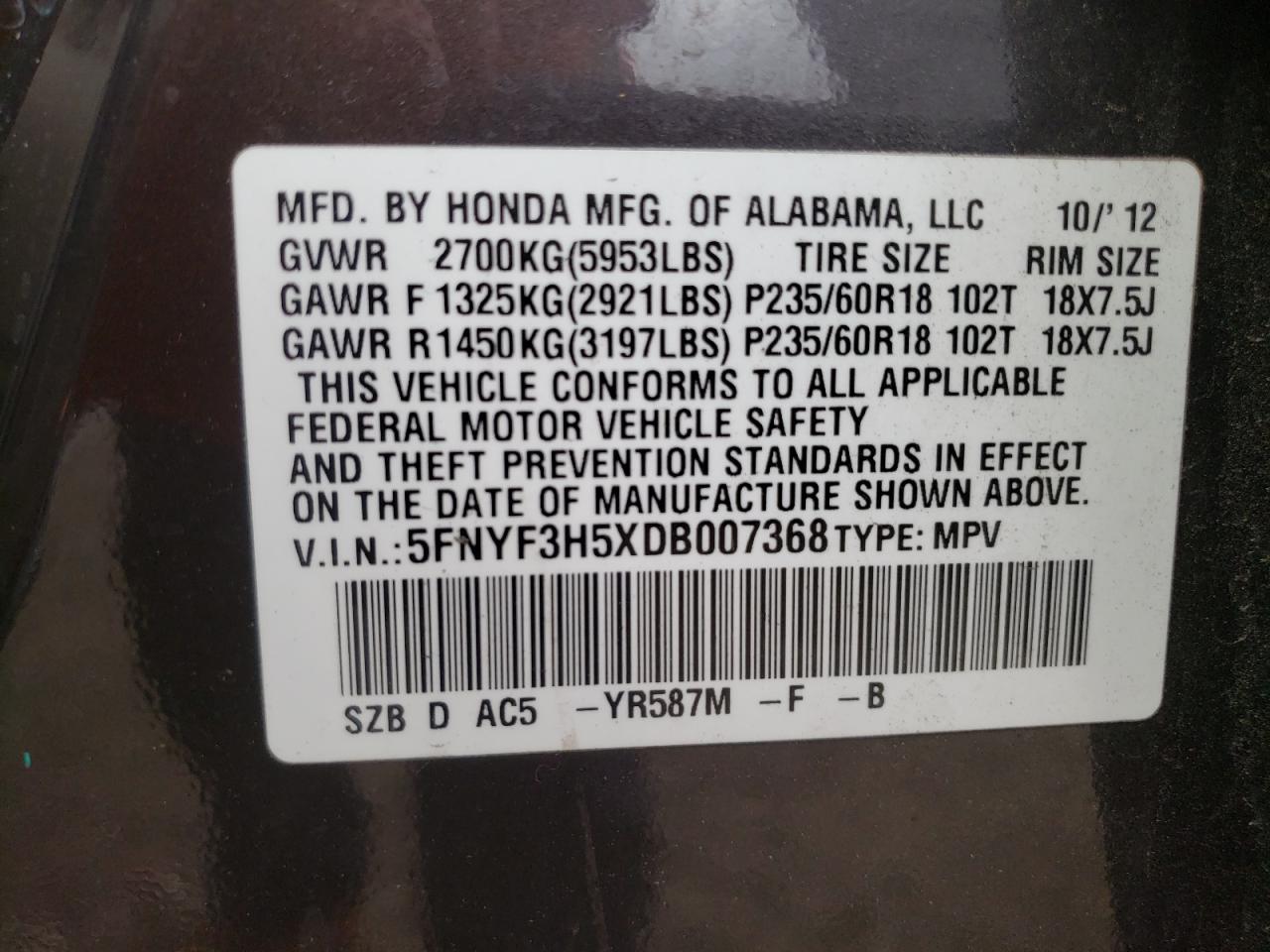 Photo 10 from auction – 2013 HONDA PILOT EXL with VIN 5FNYF3H5XDB007368