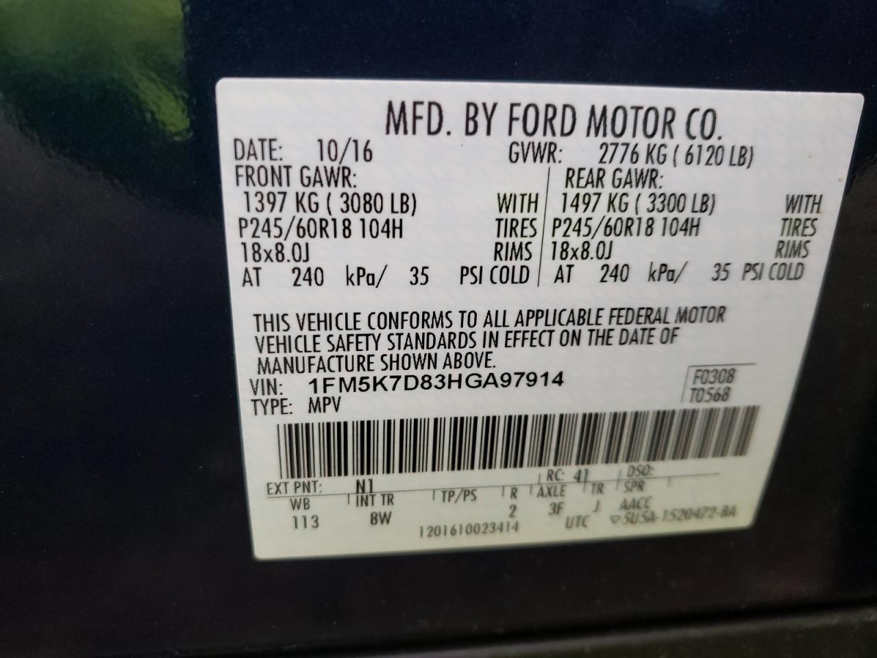Photo 10 from auction – 2017 FORD EXPLORER X with VIN 1FM5K7D83HGA97914