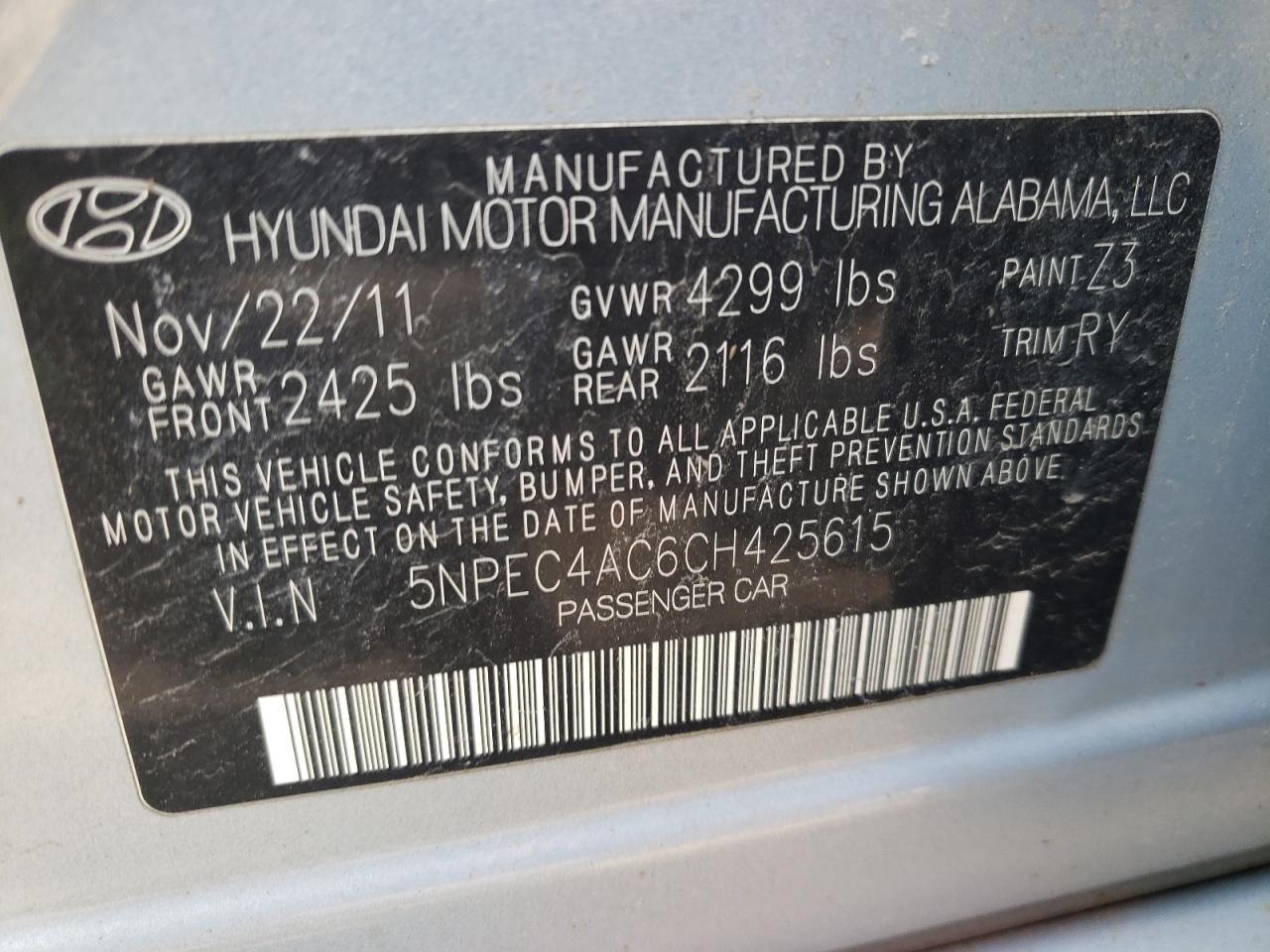 Photo 10 from auction – 2012 HYUNDAI SONATA SE with VIN 5NPEC4AC6CH425615