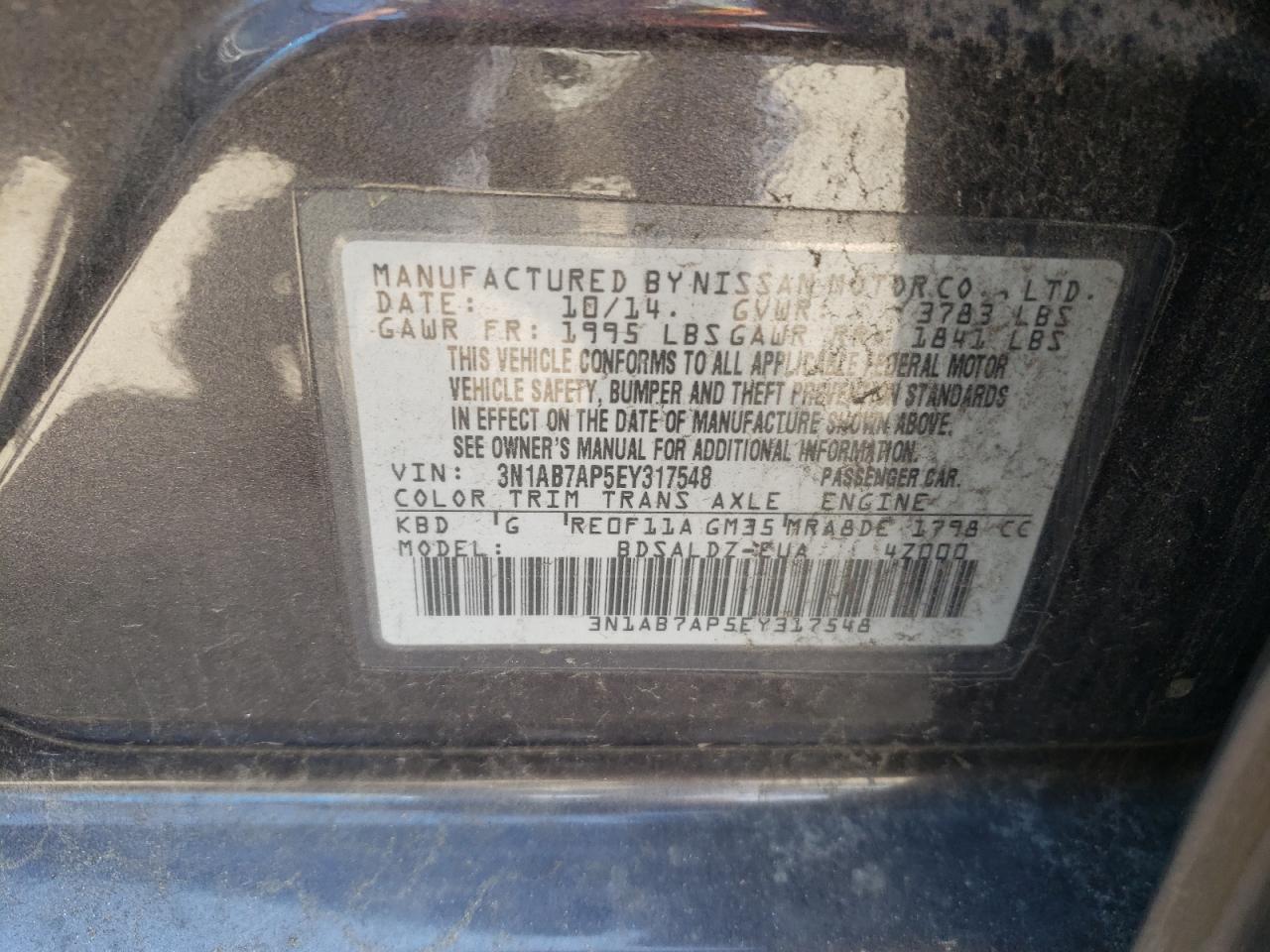 Photo 10 from auction – 2014 NISSAN SENTRA S with VIN 3N1AB7AP5EY317548