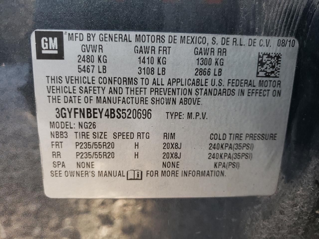 Photo 10 from auction – 2011 CADILLAC SRX PERFOR with VIN 3GYFNBEY4BS520696