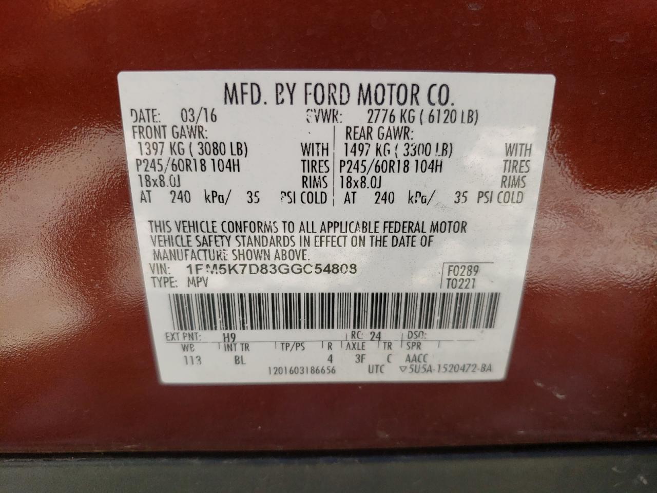 Photo 10 from auction – 2016 FORD EXPLORER X with VIN 1FM5K7D83GGC54808