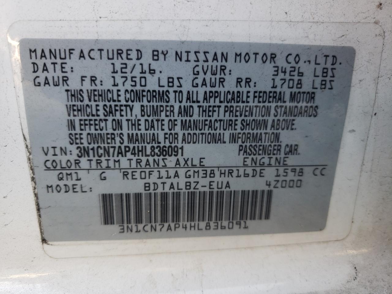 Photo 10 from auction – 2017 NISSAN VERSA S with VIN 3N1CN7AP4HL836091