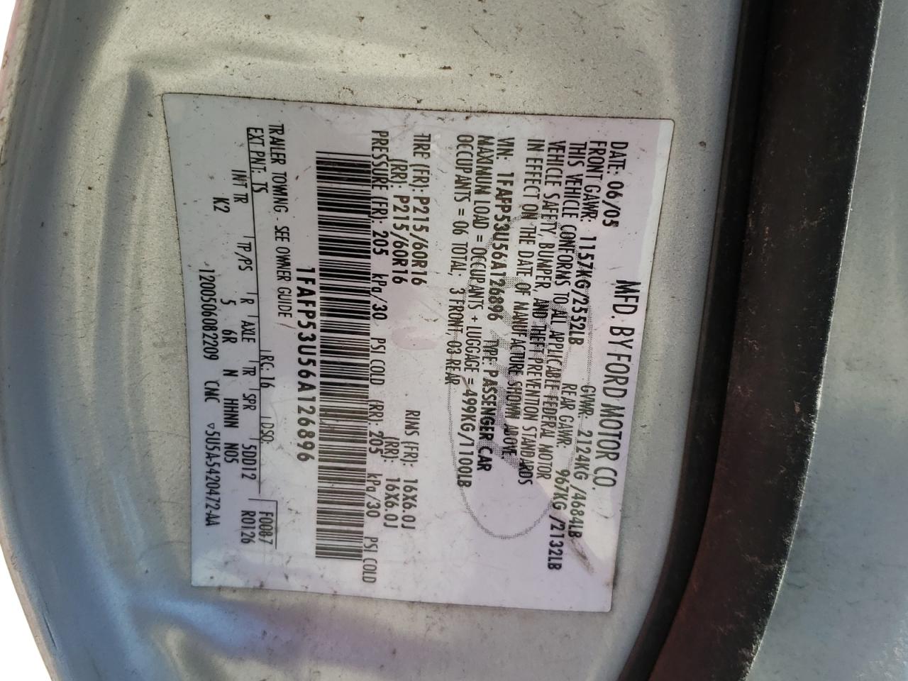 Photo 10 from auction – 2006 FORD TAURUS SE with VIN 1FAFP53U56A126896