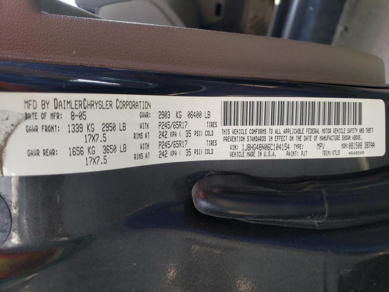 Photo 10 from auction – 2006 JEEP COMMANDER with VIN 1J8HG48N06C104154