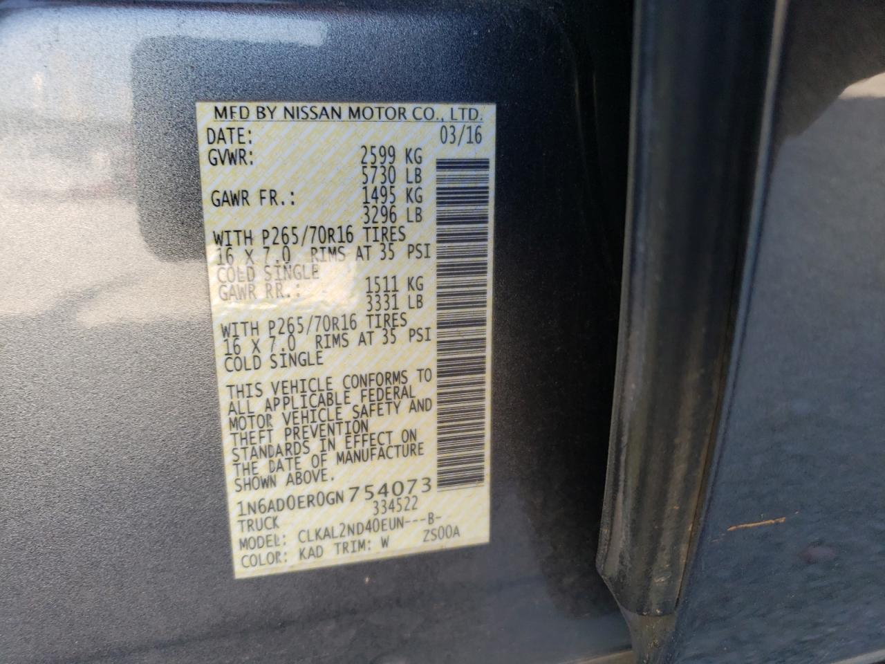 Photo 10 from auction – 2016 NISSAN FRONTIER S with VIN 1N6AD0ER0GN754073