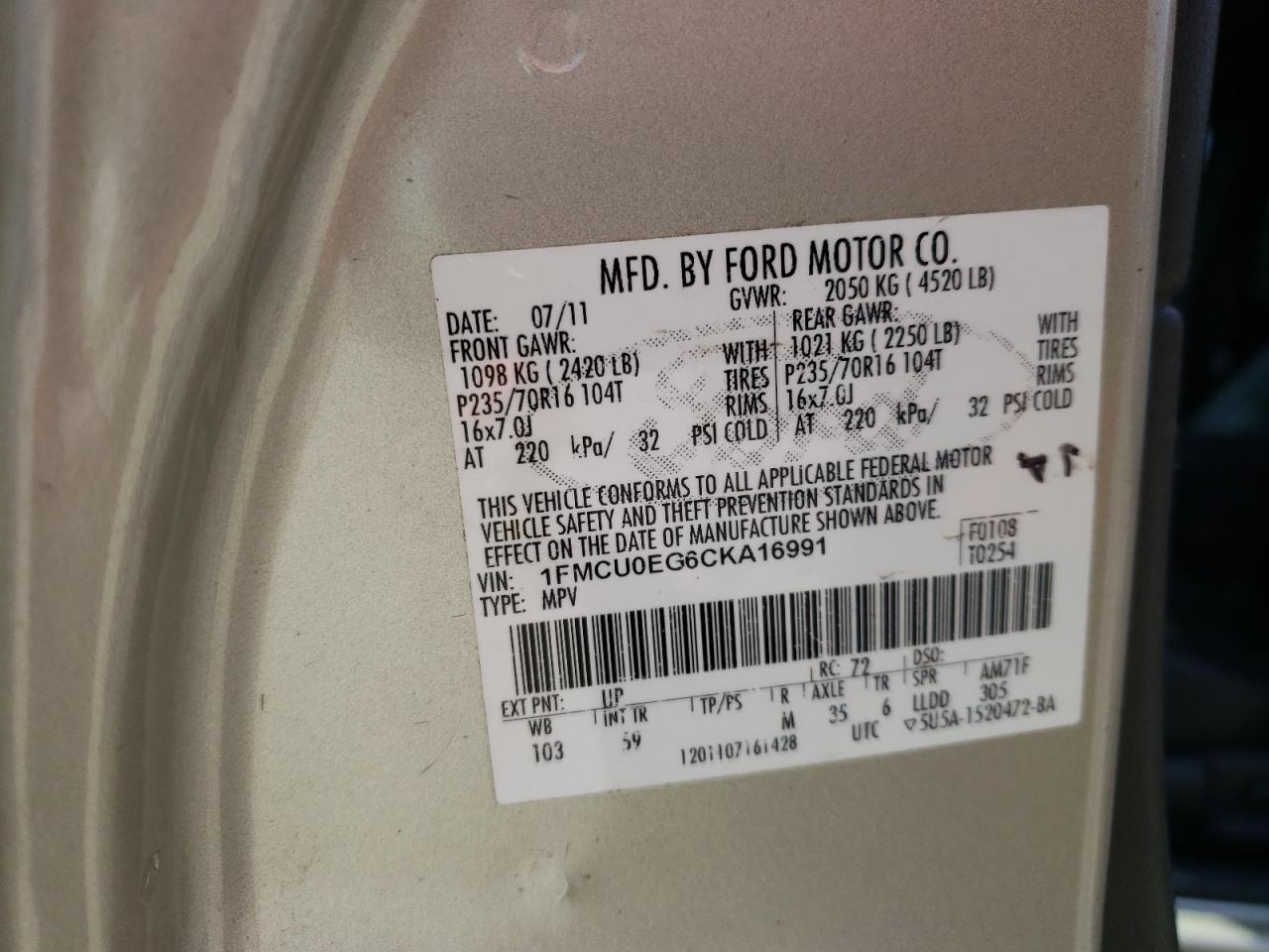 Photo 10 from auction – 2012 FORD ESCAPE LIM with VIN 1FMCU0EG6CKA16991