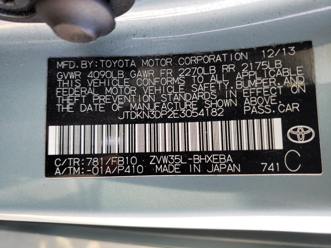 Photo 20 from auction – 2014 TOYOTA PRIUS PLUG with VIN JTDKN3DP2E3054182