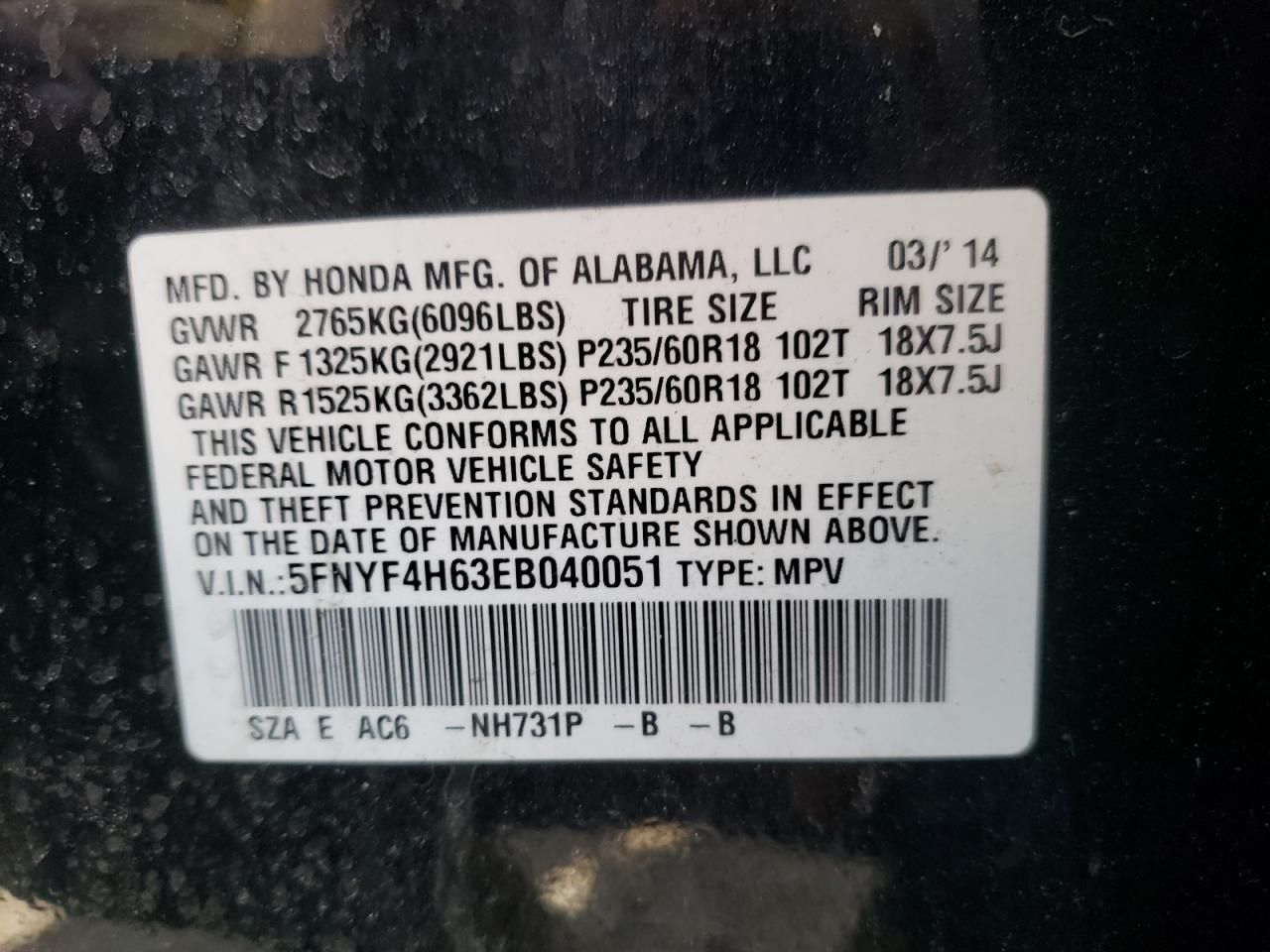 Photo 11 from auction – 2014 HONDA PILOT EXL with VIN 5FNYF4H63EB040051