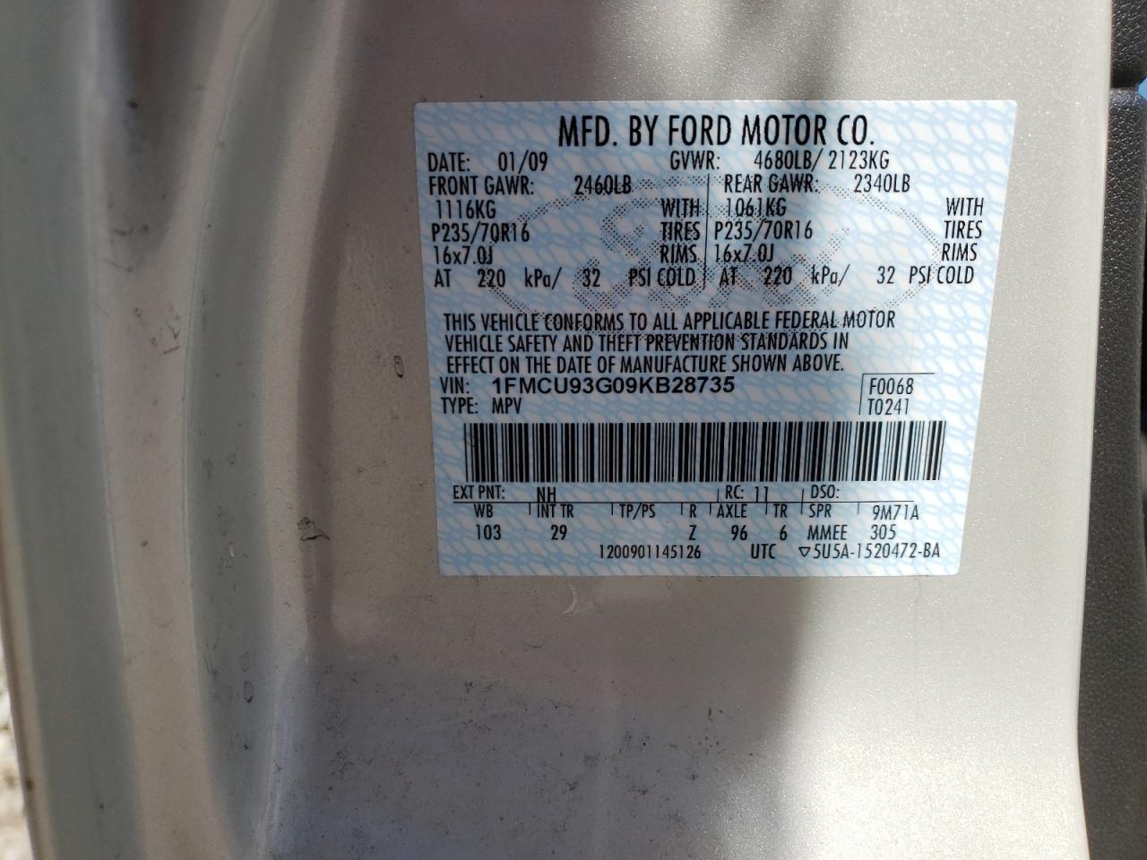 Photo 10 from auction – 2009 FORD ESCAPE XLT with VIN 1FMCU93G09KB28735