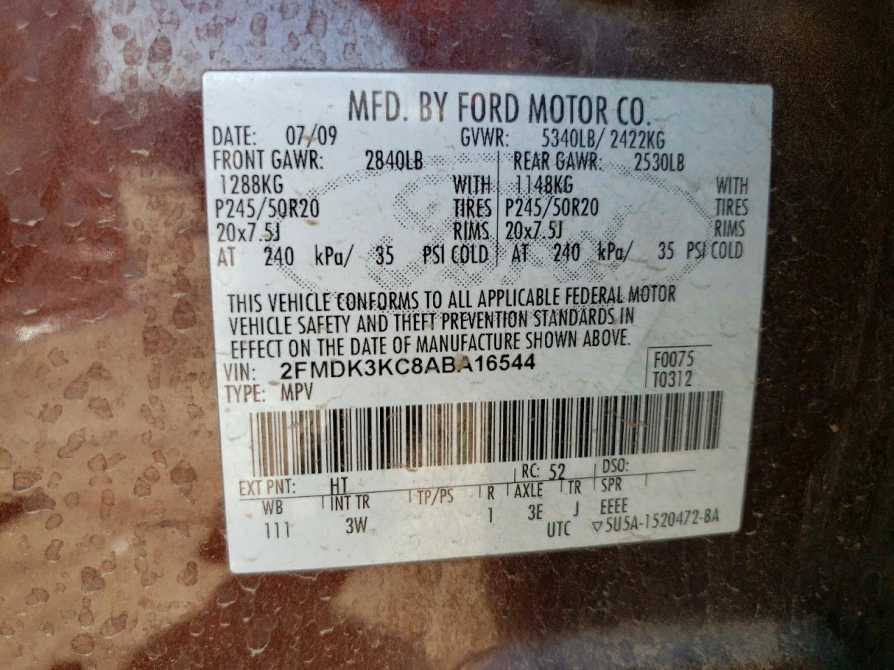 Photo 10 from auction – 2010 FORD EDGE LIMIT with VIN 2FMDK3KC8ABA16544