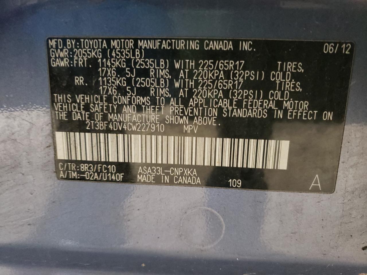 Photo 10 from auction – 2012 TOYOTA RAV4 with VIN 2T3BF4DV4CW227910