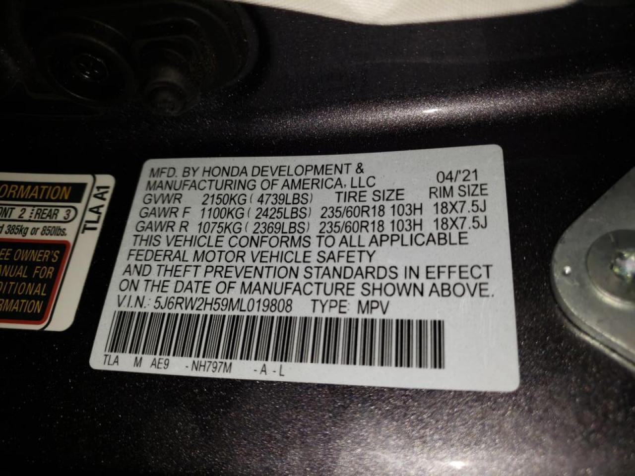 Photo 10 from auction – 2021 HONDA CR-V EX with VIN 5J6RW2H59ML019808