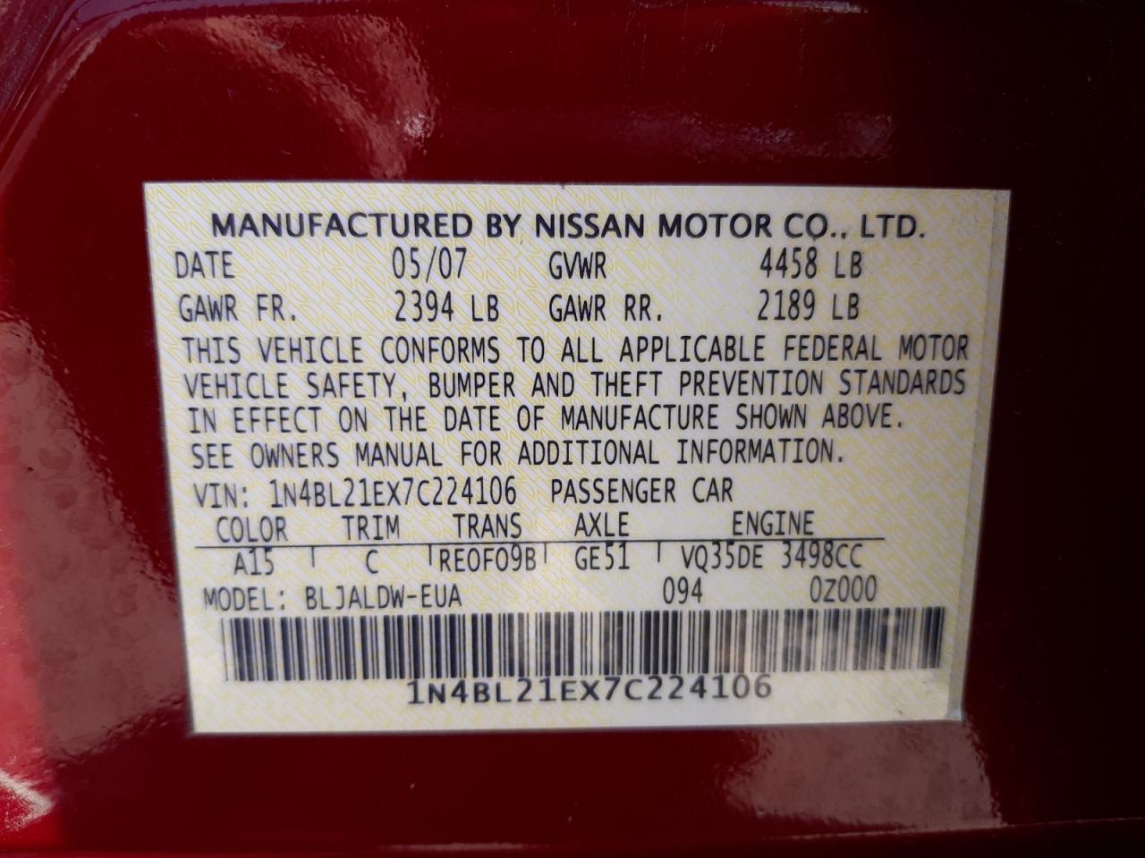 Photo 10 from auction – 2007 NISSAN ALTIMA with VIN 1N4BL21EX7C224106