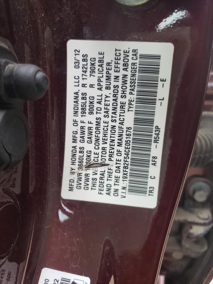 Photo 10 from auction – 2012 HONDA CIVIC LX with VIN 19XFB2F54CE051676