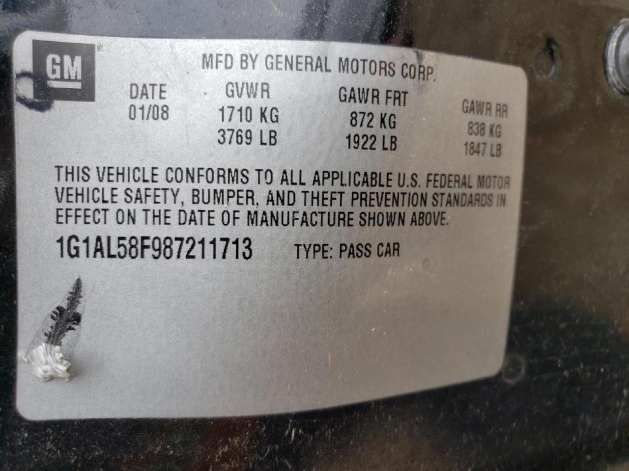 Photo 10 from auction – 2008 CHEVROLET COBALT LT with VIN 1G1AL58F987211713