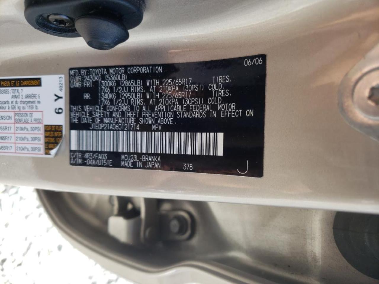 Photo 10 from auction – 2006 TOYOTA HIGHLANDER with VIN JTEDP21A060121714