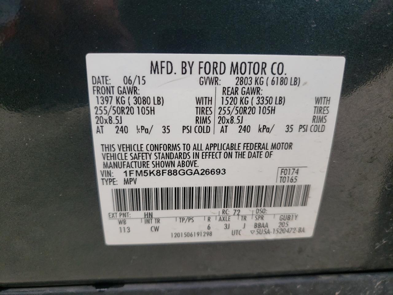 Photo 10 from auction – 2016 FORD EXPLORER L with VIN 1FM5K8F88GGA26693